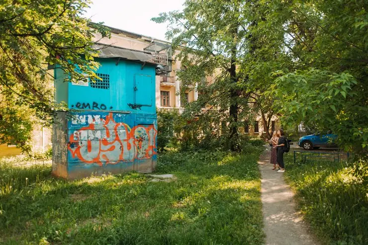 Зелёный двор с небольшой хозяйственной постройкой